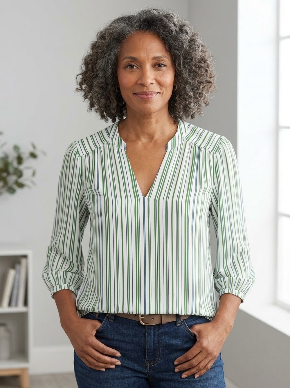 Cabi Awning Stripe Blouse Style #5893 green and white stripes, Size medium